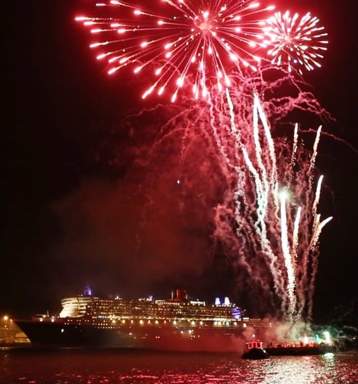 Fireworks and marching bands marked the departure of Queen Mary 2 and Queen Elizabeth on their World Voyages