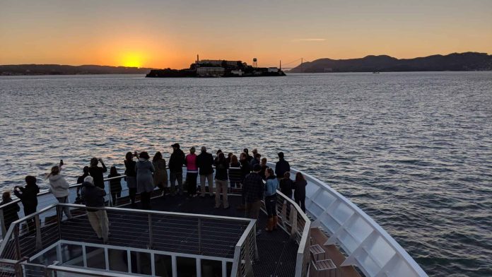 The new National Geographic Venture sails toward Alcatraz Island