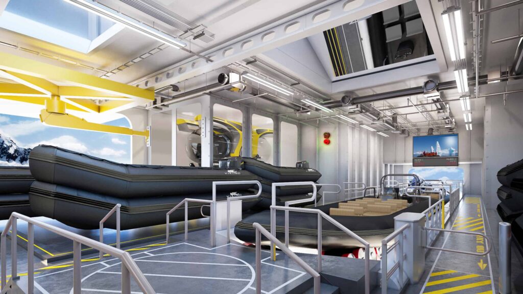 Rendering of Zodiacs and Sub stored within the Hangar on-board the Viking Expedition ships Polaris and Octantis