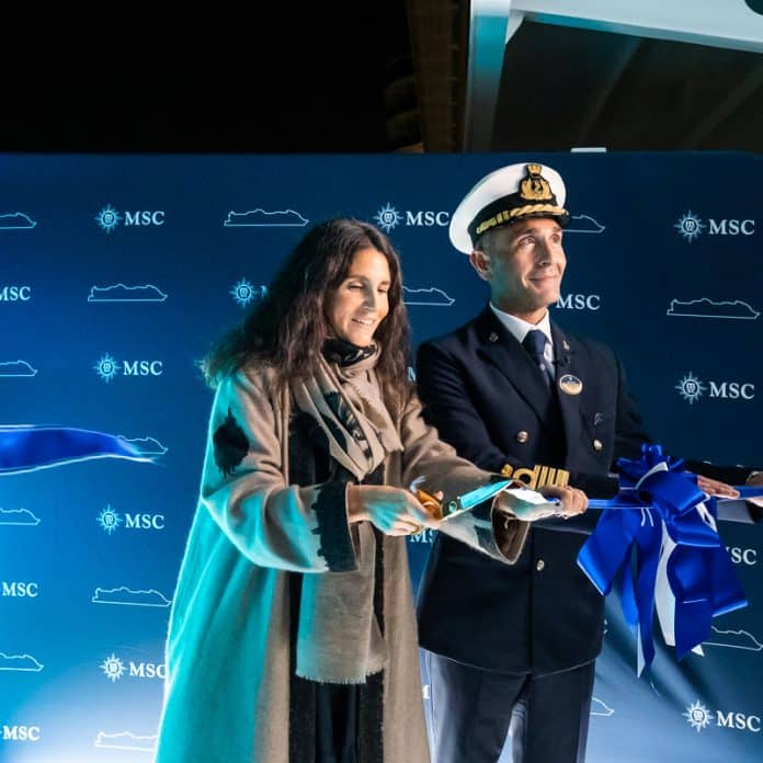 MSC Seascape Naming Ceremony, Alexa Aponte-Vago cuts the ribbon and names the ship and Master of the Vessel, Captain Francesco Di Palma, Credit Ivan Sarfatti
