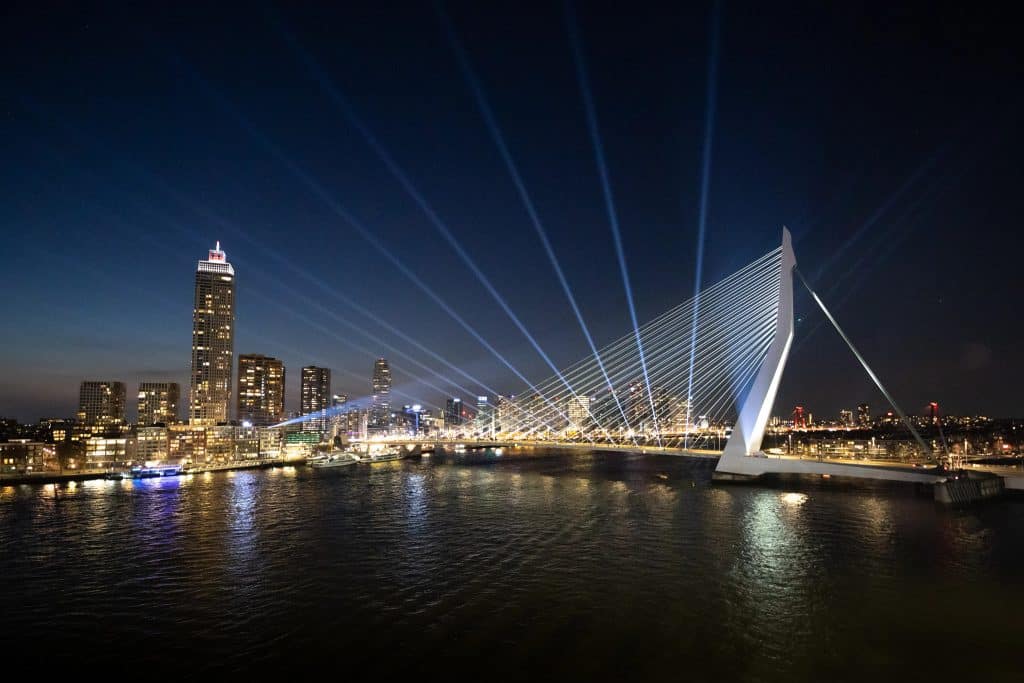 Rotterdam's Erasmus Bridge was illuminated with a special light display honoring Holland America Line's 150th Anniversary